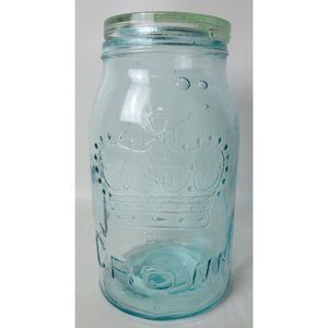 Vintage Crown Blue Glass Quart Canning Jar w. Glass‎ Lid Bubbles D3
